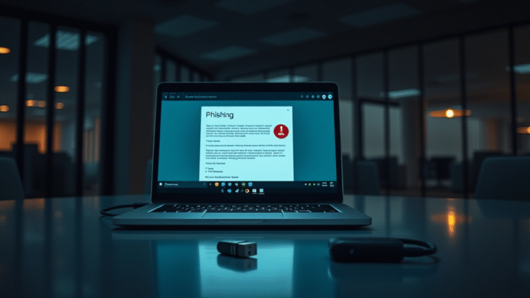 A laptop displaying a phishing warning, highlighting common cyber attack vectors in a dimly lit office.