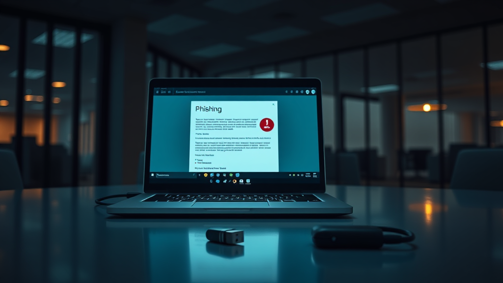 A laptop displaying a phishing warning, highlighting common cyber attack vectors in a dimly lit office.