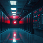 A dimly lit server room highlighting the current cybersecurity threat landscape with glowing screens and a lock symbol.