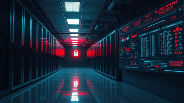 A dimly lit server room highlighting the current cybersecurity threat landscape with glowing screens and a lock symbol.