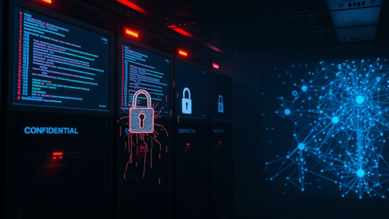 Image of a data center with screens displaying code and a padlock symbol, illustrating evolving ransomware attack trends.