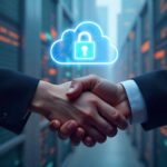 The image depicts the shared responsibility cloud security, with a handshake gesture occurring in front of a digital cloud icon displaying a lock symbol. This visual metaphor suggests the collaborative approach required between the client and the security provider to ensure the protection of data stored in the cloud.
