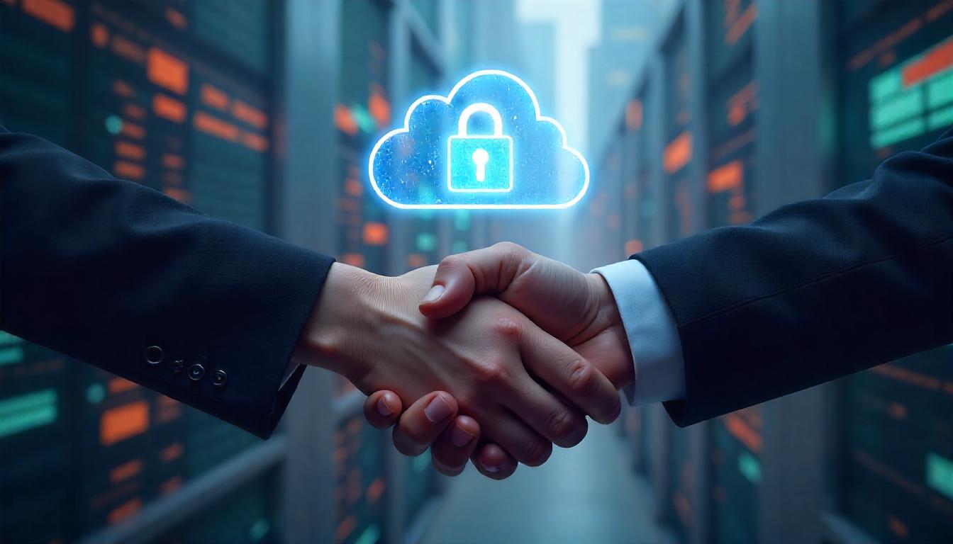 The image depicts the shared responsibility cloud security, with a handshake gesture occurring in front of a digital cloud icon displaying a lock symbol. This visual metaphor suggests the collaborative approach required between the client and the security provider to ensure the protection of data stored in the cloud.