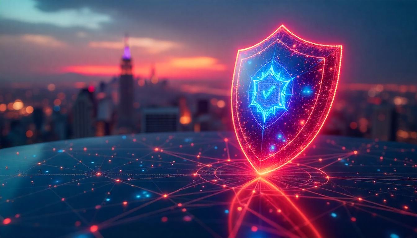 The image showcases a key benefits using MSSP, depicting a vibrant, holographic shield icon against a dramatic cityscape backdrop. This visual metaphor suggests the MSSP's ability to provide comprehensive, cutting-edge protection for the client's digital assets and infrastructure.