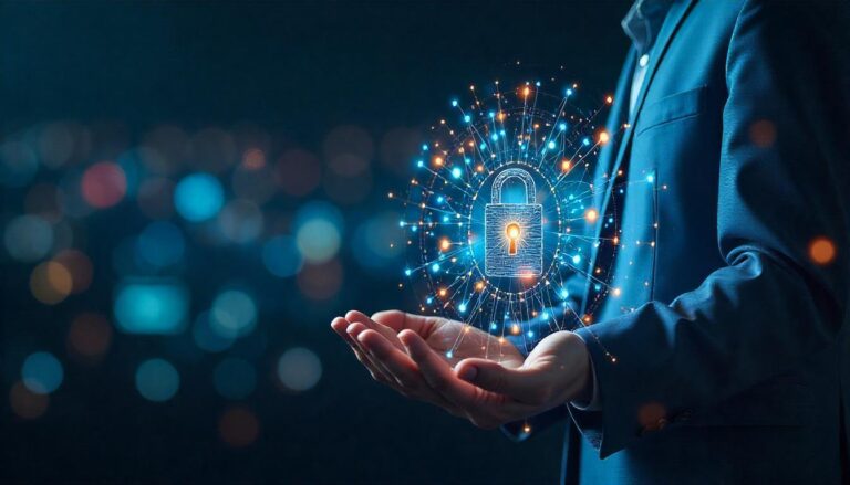 The image depicts the concept of navigating shared accountability security, with a glowing lock icon displayed in the hands of a business professional. The surrounding digital elements suggest the importance of collaborative efforts in safeguarding sensitive information and assets.