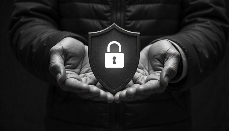 This visual representation highlights the core MSSP value proposition, where the hands cupping the shield icon with a lock convey the security provider's commitment to shielding the client's resources from threats. The stark black-and-white imagery underscores the MSSP's critical function in delivering robust security solutions
