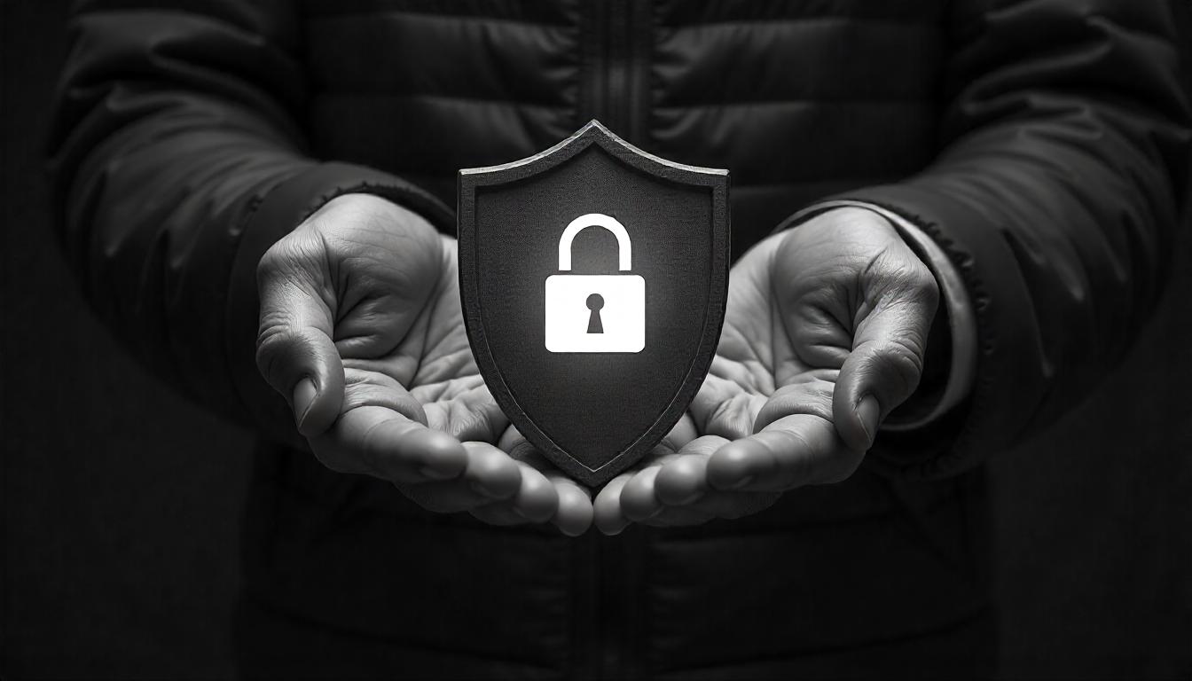 This visual representation highlights the core MSSP value proposition, where the hands cupping the shield icon with a lock convey the security provider's commitment to shielding the client's resources from threats. The stark black-and-white imagery underscores the MSSP's critical function in delivering robust security solutions