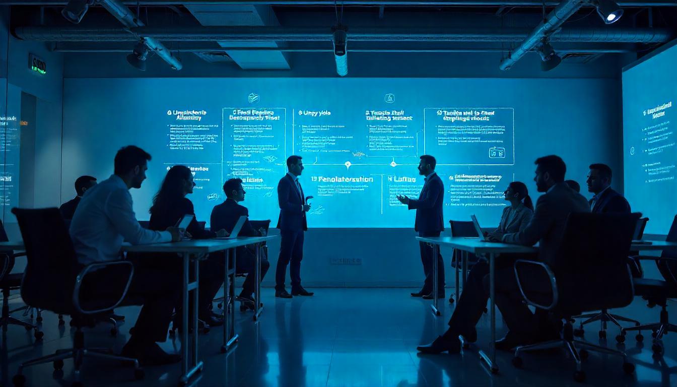 The image depicts a group of individuals engaged in a discussion around a large screen displaying information related to the "Compliance Shared Responsibility Model". This visual aid appears to be guiding the team's understanding of the distinct roles and obligations within the compliance framework.