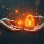 The image depicts the data security shared responsibility, with hands holding a glowing lock icon symbolizing the collaborative effort to protect sensitive information. The surrounding digital elements suggest the joint commitment between the client and the security team to safeguard the organization's data assets.