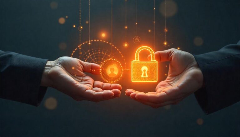 The image depicts the data security shared responsibility, with hands holding a glowing lock icon symbolizing the collaborative effort to protect sensitive information. The surrounding digital elements suggest the joint commitment between the client and the security team to safeguard the organization's data assets.