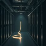 A dimly lit server room illustrating supply chain attack risks with cables and equipment in the background.