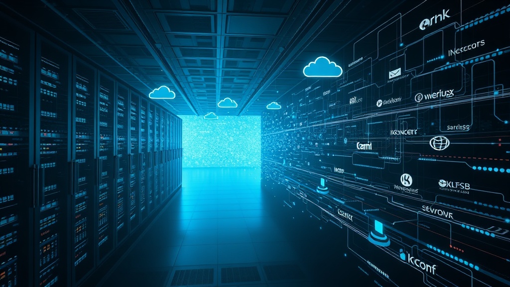 A server room with digital clouds and data visuals highlighting supply chain attack risks in a high-tech environment.