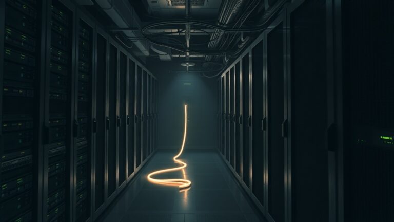 A dimly lit server room illustrating supply chain attack risks with cables and equipment in the background.