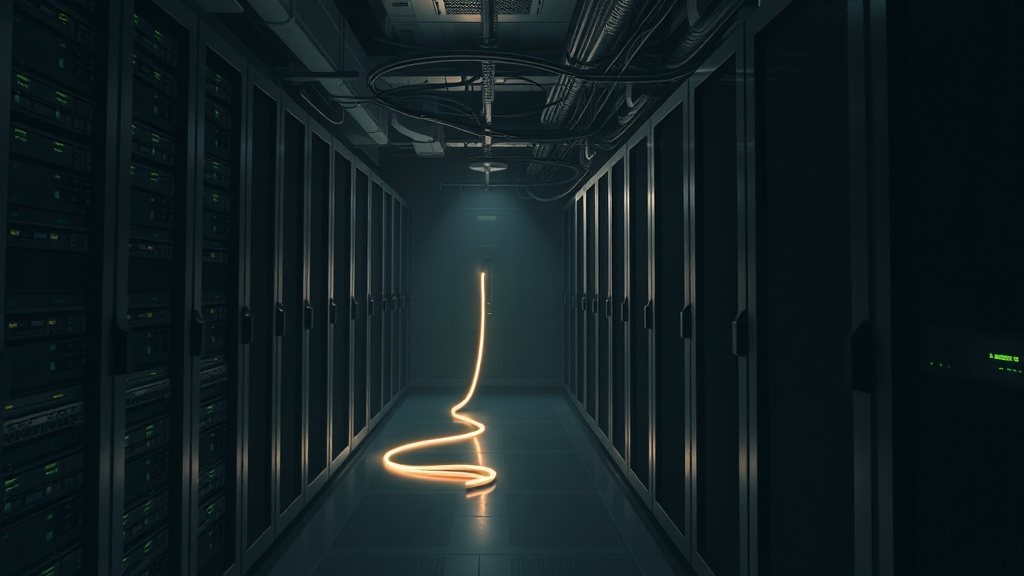 A dimly lit server room illustrating supply chain attack risks with cables and equipment in the background.