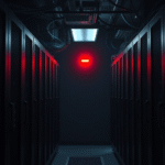 Dimly lit server room highlighting top security threats businesses [city] with red emergency light.