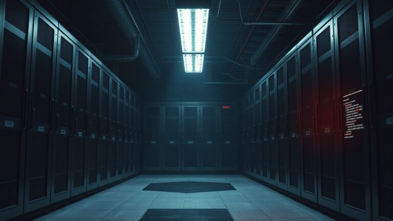 A dimly lit server room illustrating the concept of understanding zero day exploits and cybersecurity threats.