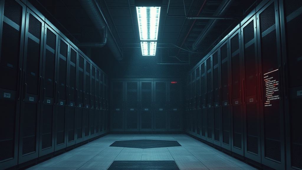 A dimly lit server room illustrating the concept of understanding zero day exploits and cybersecurity threats.