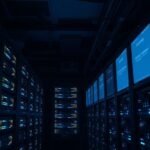 A dimly lit server room showcasing multiple racks of servers and monitors, emphasizing 24/7 MDR monitoring SOC capabilities.