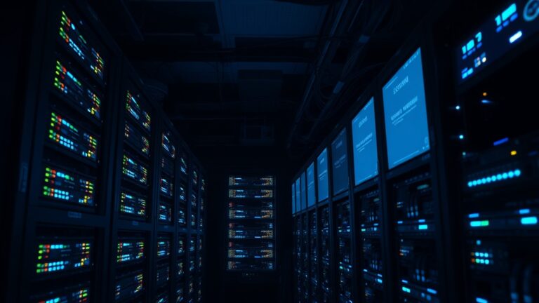 A dimly lit server room showcasing multiple racks of servers and monitors, emphasizing 24/7 MDR monitoring SOC capabilities.