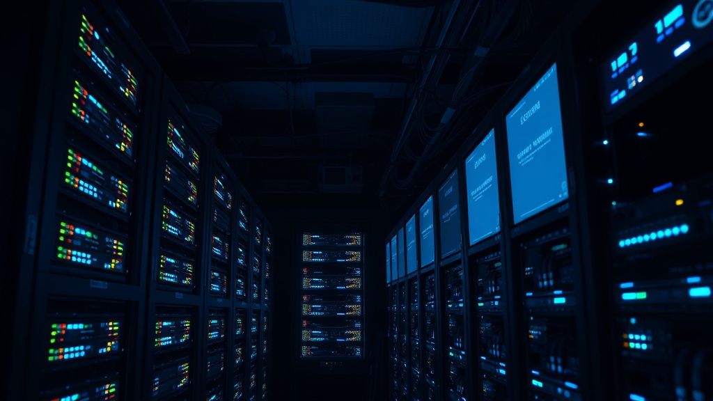 A dimly lit server room showcasing multiple racks of servers and monitors, emphasizing 24/7 MDR monitoring SOC capabilities.