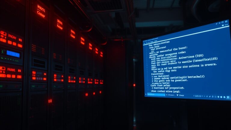 A server room with illuminated racks and a screen displaying code, highlighting Managed Detection & Response (MDR) benefits.