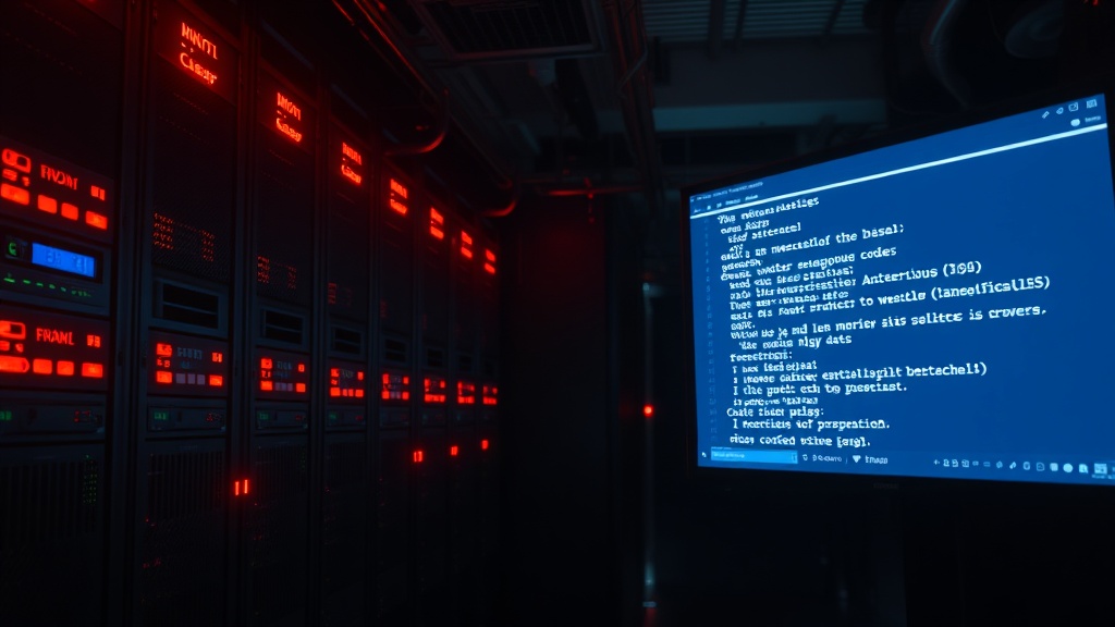 A server room with illuminated racks and a screen displaying code, highlighting Managed Detection & Response (MDR) benefits.