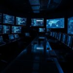 A dark room filled with multiple screens displaying data and maps, showcasing an endpoint security MDR solution in action.
