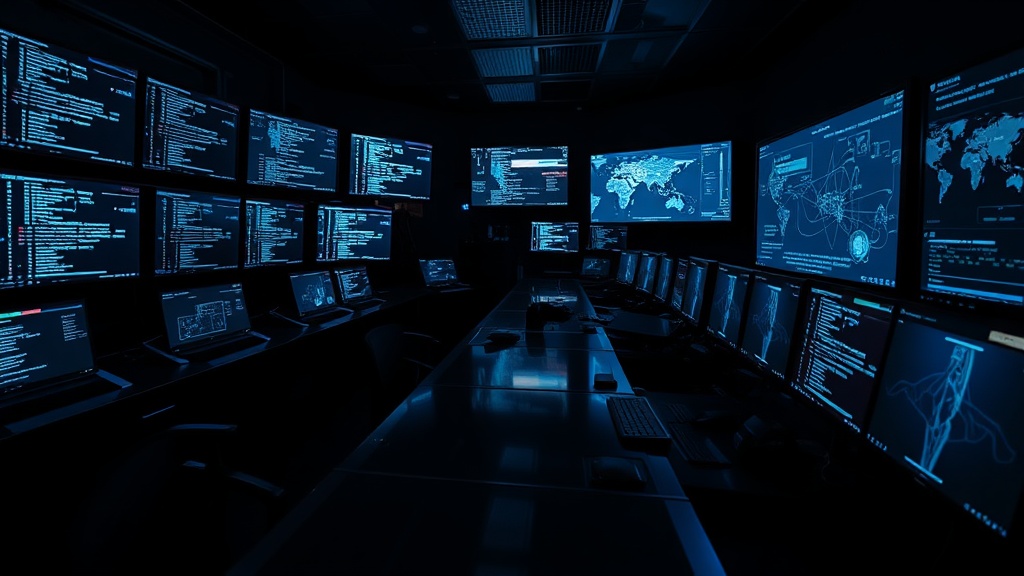 A dark room filled with multiple screens displaying data and maps, showcasing an endpoint security MDR solution in action.