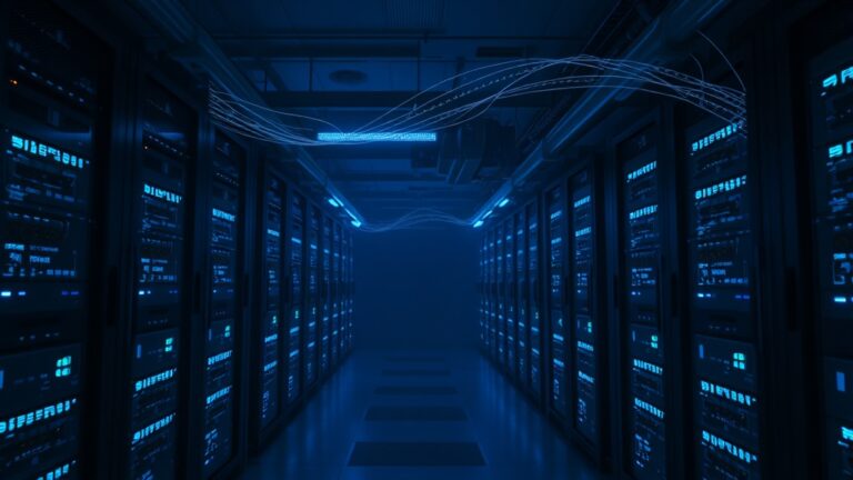 A dimly lit server room with glowing blue lights, illustrating endpoint threat detection response technology.