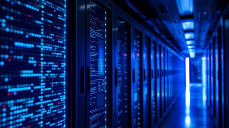 Server room with blue lighting, illustrating the theme of mdr vs traditional antivirus comparison.