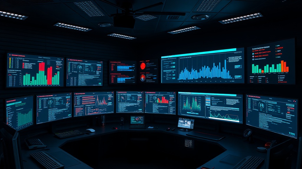 A dark room filled with multiple screens displaying data analytics and graphs for MSSP SIEM implementation guide.