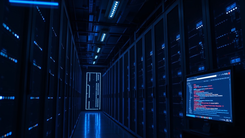 A server room with glowing blue lights and a monitor showing code, representing outsourced SIEM monitoring services.