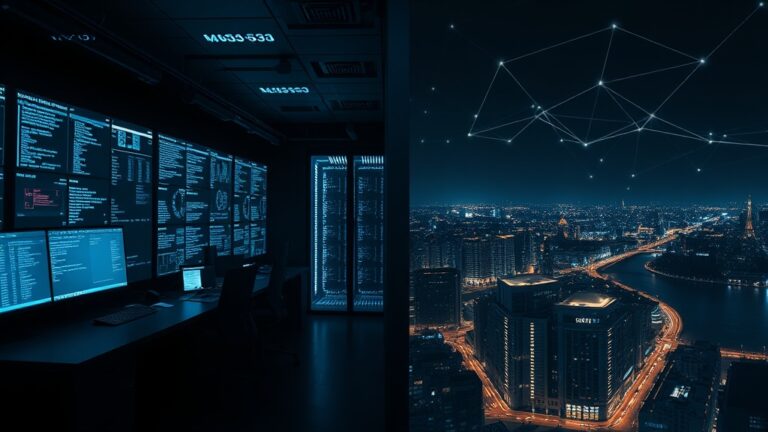 A dark room with multiple screens displaying data analytics for security event management outsourcing, overlooking a city skyline.
