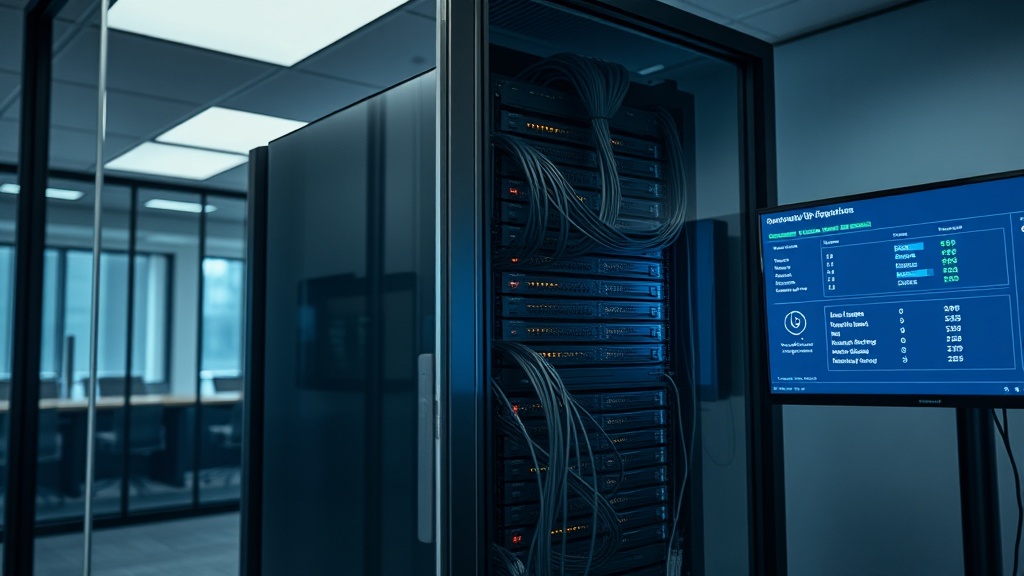A server room showcasing outsourced SIEM monitoring services with racks of servers and a display screen.