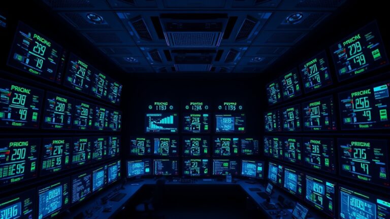 A control room filled with screens displaying data and graphs related to SIEM platform management pricing.
