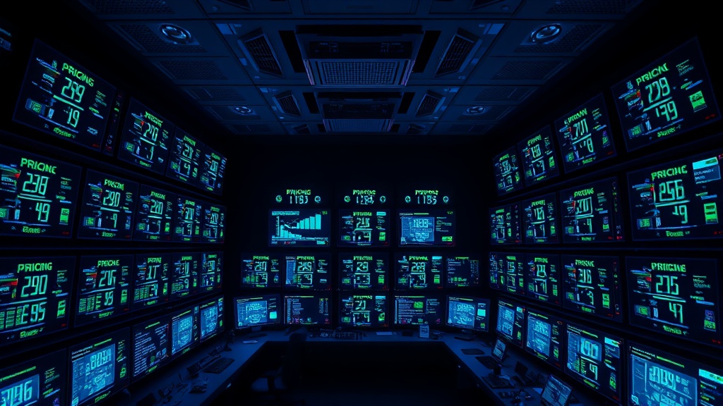 A control room filled with screens displaying data and graphs related to SIEM platform management pricing.