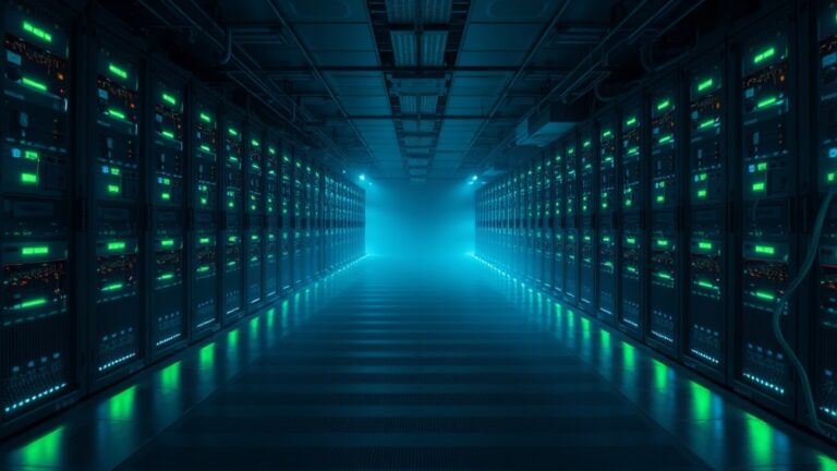 A dimly lit server room with rows of servers, illustrating the concept of understanding MDR service levels.