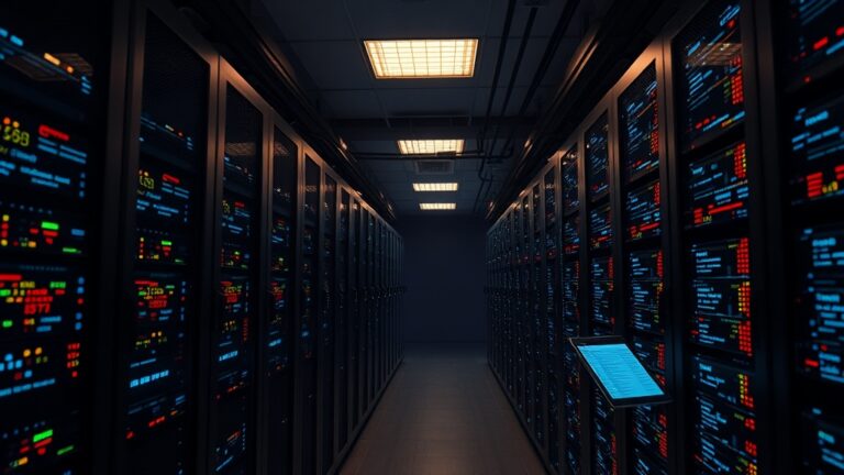A dimly lit data center with rows of servers, illustrating the concept of managed detection response technology.