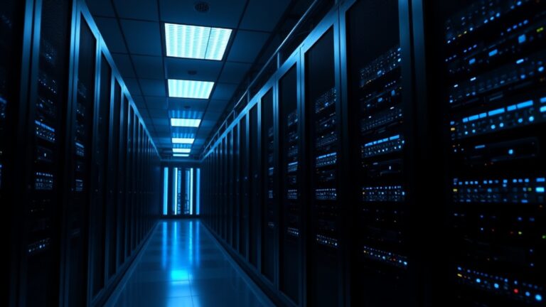 A dimly lit server room with rows of servers, illustrating the concept of what is managed SIEM security.