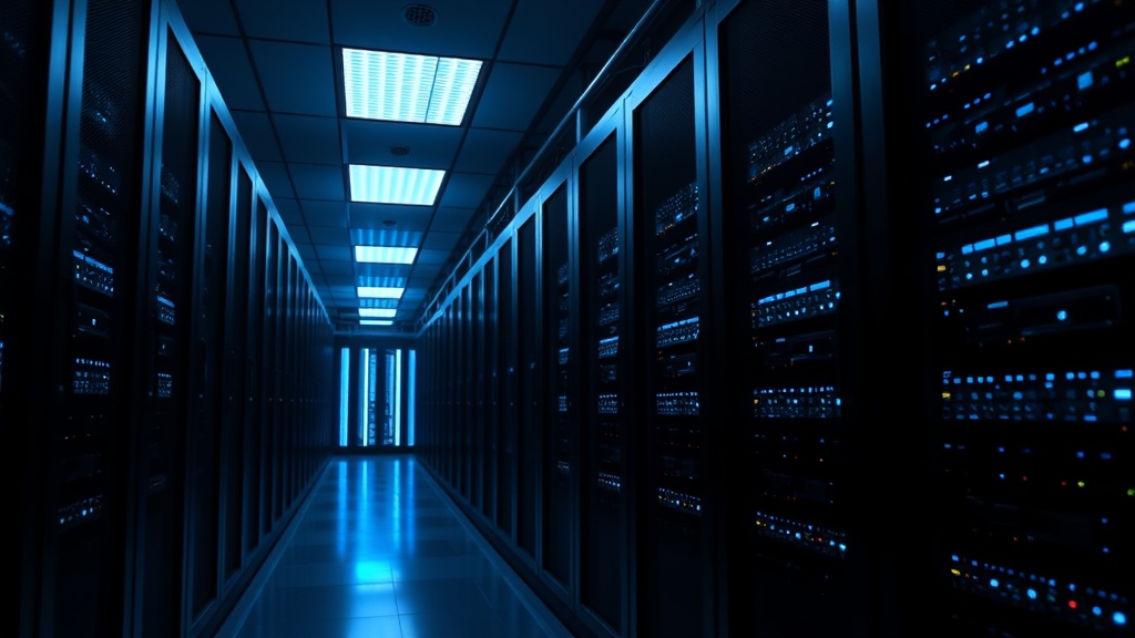 A dimly lit server room with rows of servers, illustrating the concept of what is managed SIEM security.