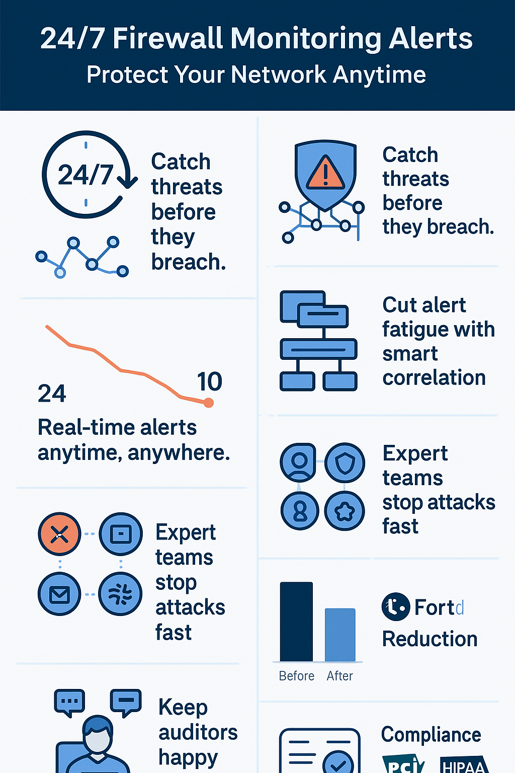 A comprehensive infographic highlighting the key features of 24/7 firewall monitoring alerts, including real-time detection, threat response, and expert teams.