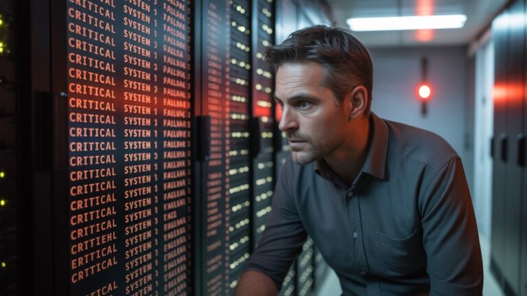 A man intently examines a wall of computer servers, symbolizing the critical role of 24/7 firewall monitoring in protecting networks.