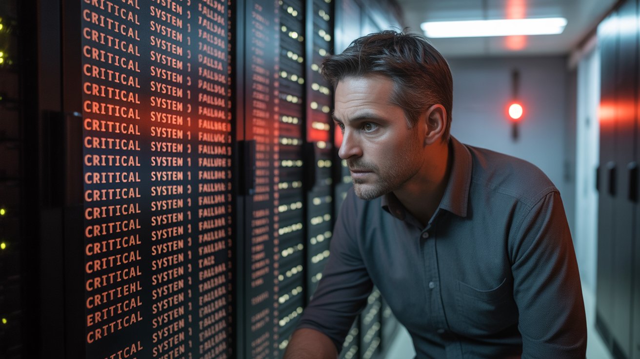 A man intently examines a wall of computer servers, symbolizing the critical role of 24/7 firewall monitoring in protecting networks.