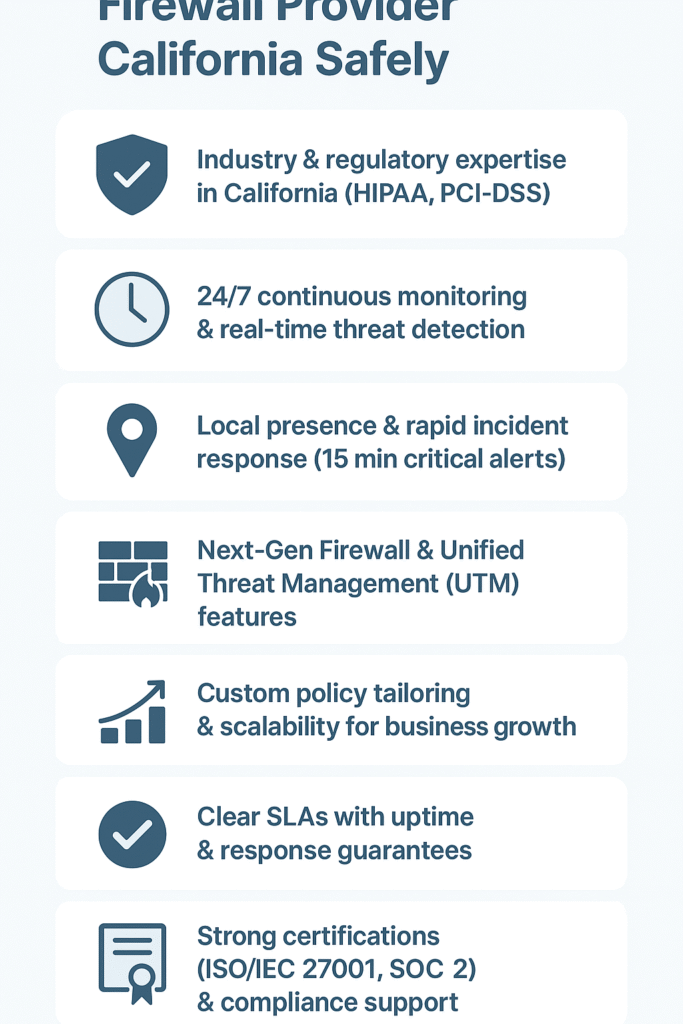 An infographic detailing the key features and benefits of a managed firewall provider in California, such as regulatory expertise and continuous monitoring.