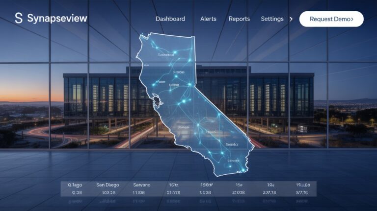 A dashboard interface showcasing data visualization and analytical tools for managing and monitoring a firewall solution in California.