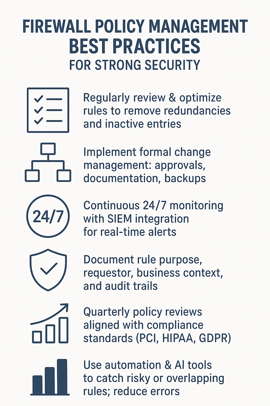 Firewall policy management best practices for strong security, including regular review, optimization, formal change management, and 24/7 monitoring.