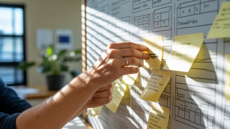 A hand holding a yellow sticky note against a wall covered in drawings and notes, emphasizing the importance of firewall policy management best practices.
