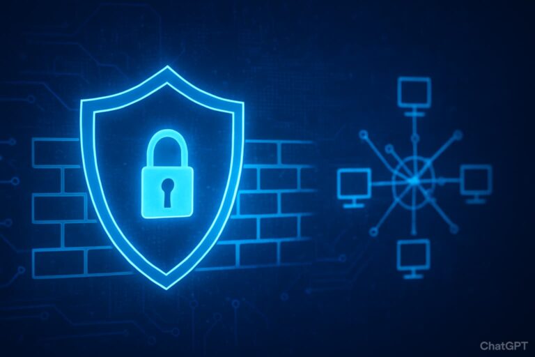 Securing Network Perimeter Firewall with shield and lock protecting against external network threats.
