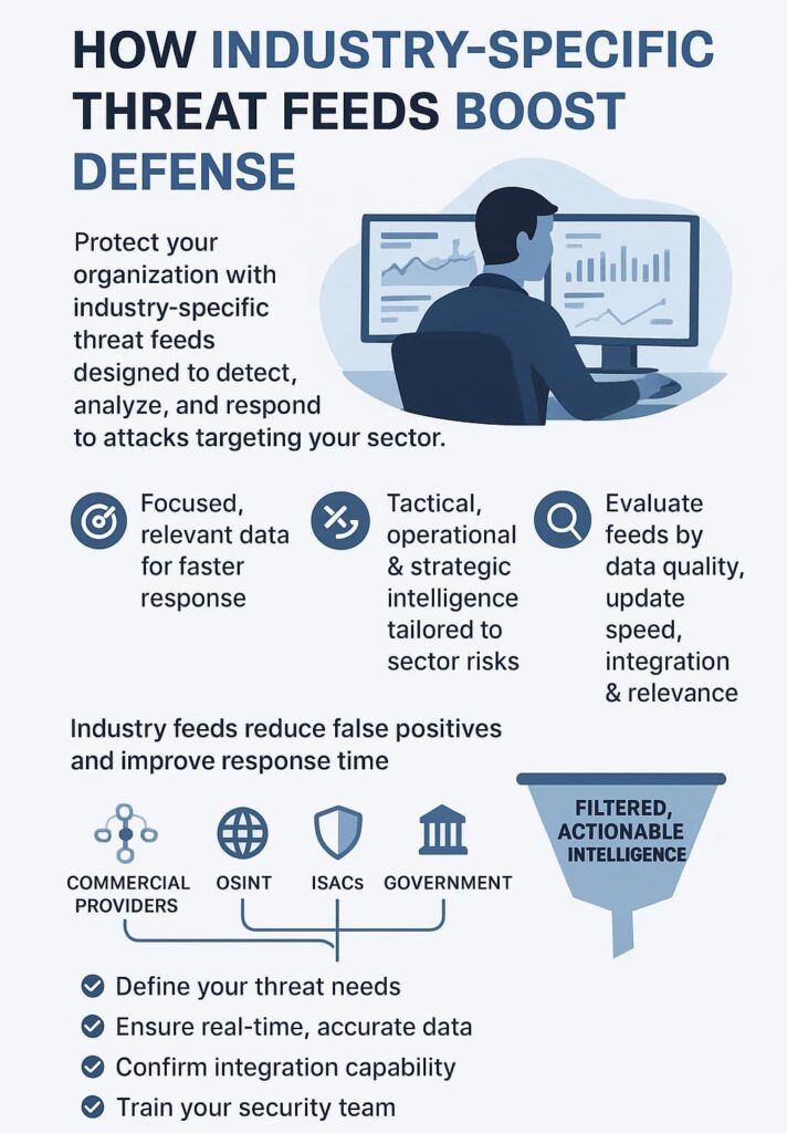  Infographic illustrating how industry specific threat feeds enhance defense with actionable intelligence and tips for selection.