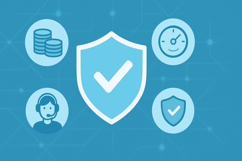 Outsourced Intrusion Detection Monitoring icons showing cost, support, speed, and layered security.